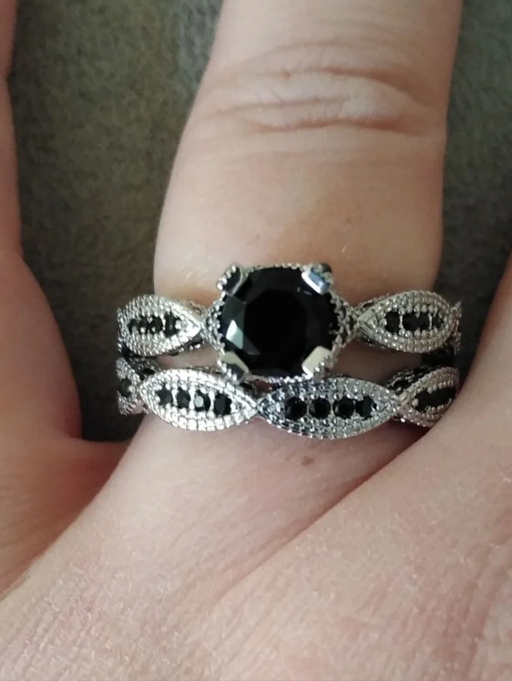 10k White Gold Over Silver 2 PC Onyx Solitaire W/Accents Eternity Ring Set Sz 10